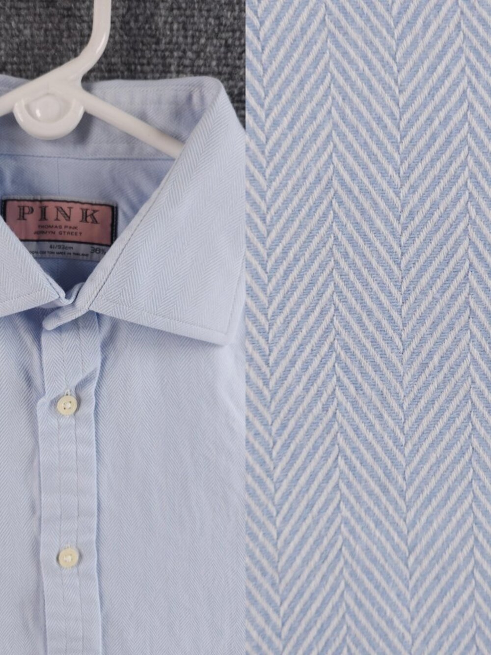 Thomas Pink 16 36.5 Herringbone Cotton Blue Shirt Button Up Men Long Sleeve